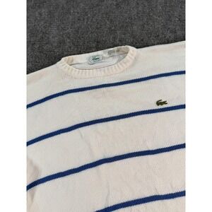 Vintage Izod Lacoste Sweater Mens Medium White Blue Striped Cotton Crewneck 90s